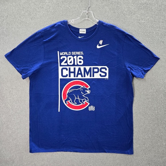 Chicago Cubs Men Shirt 2XL Blue Logo Nike World Series Champs Graphic Tee - Picture 1 of 10